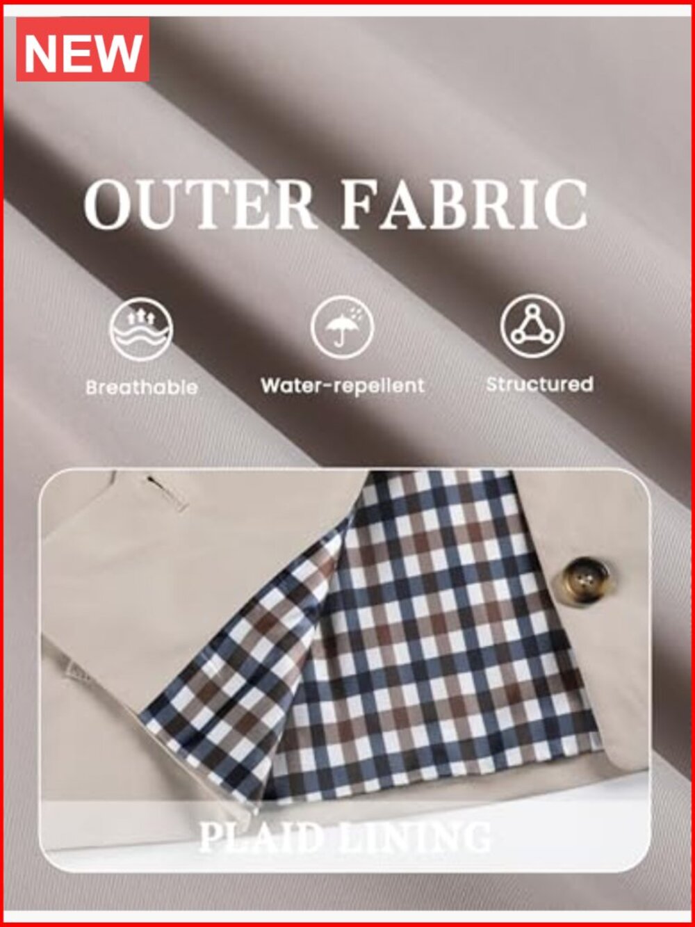 Lightweight Trench Jacket with Plaid Lining Button Front Casual Outerwear - Picture 6 of 7